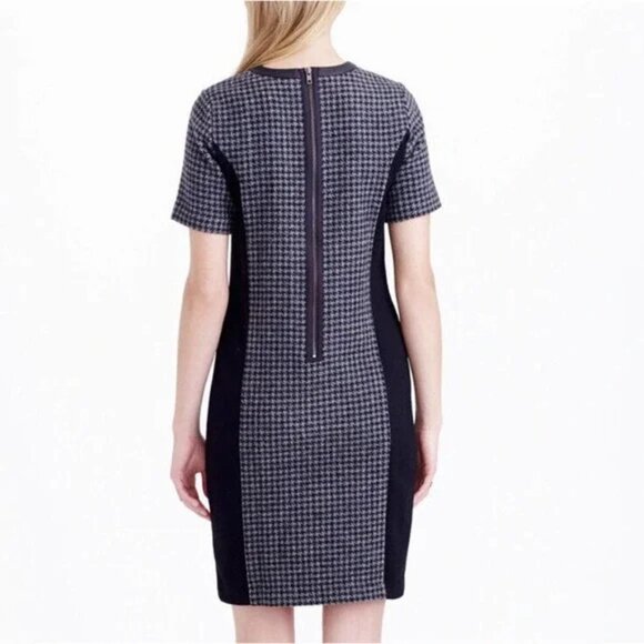 J. Crew Gray Black Tweed Wool Mixed Hounds Tooth Leather Collar Shift Dress Sz 6 - Picture 4 of 13